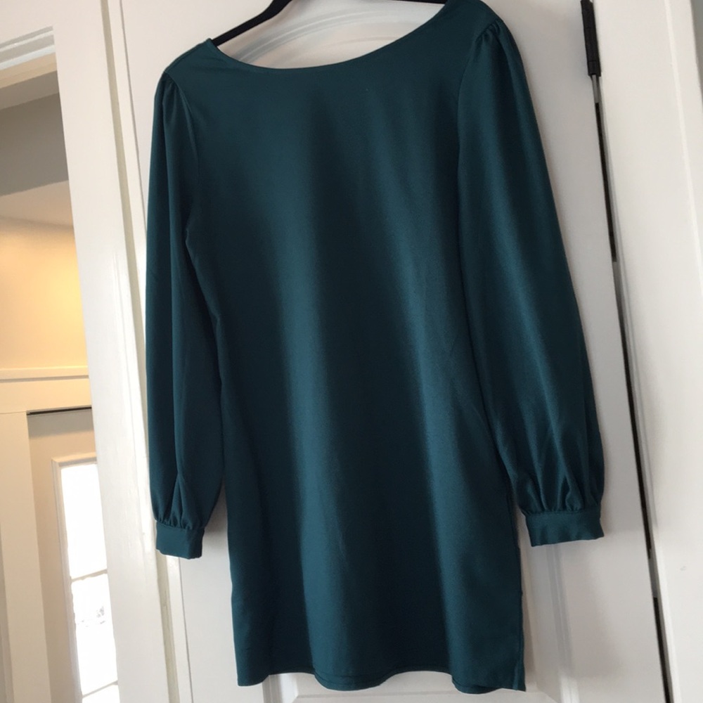 Teal dress gold buttons on sleeves